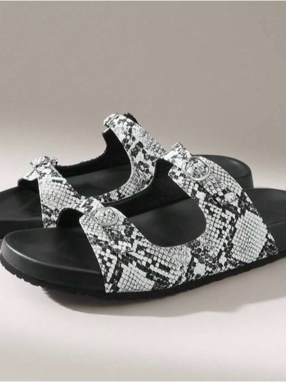 Black Footbed Snakeskin-Print Slide Sandals